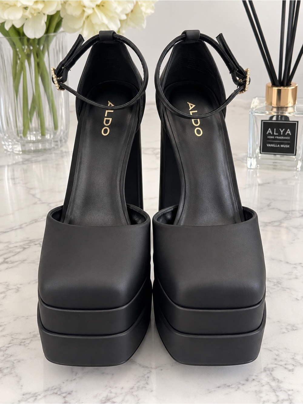 Aldo Black Chunky Platform Ankle-Strap Heels